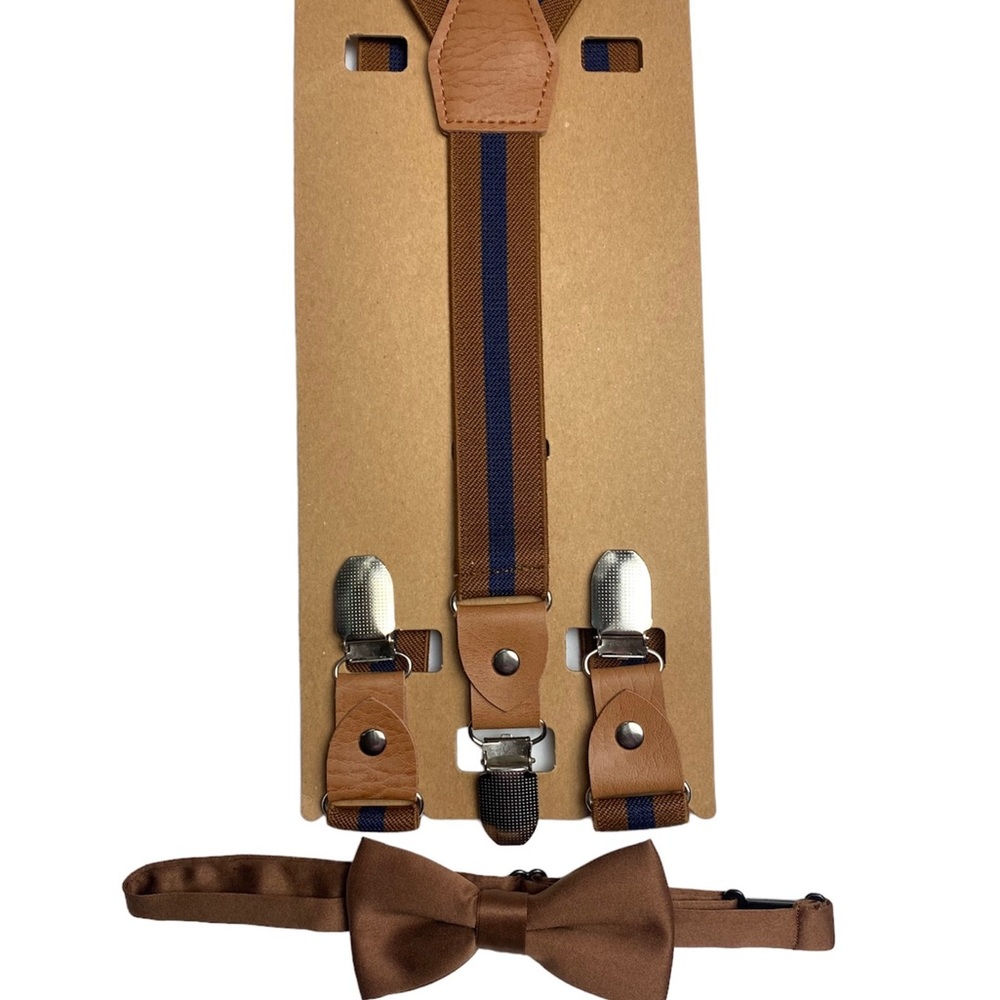 Brown and Navy Suspenders And Bow Tie Set